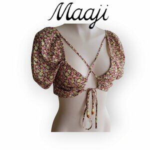 Maaji s/s smocked crossover open-front beachy boho coastal sexy top size L NWOT